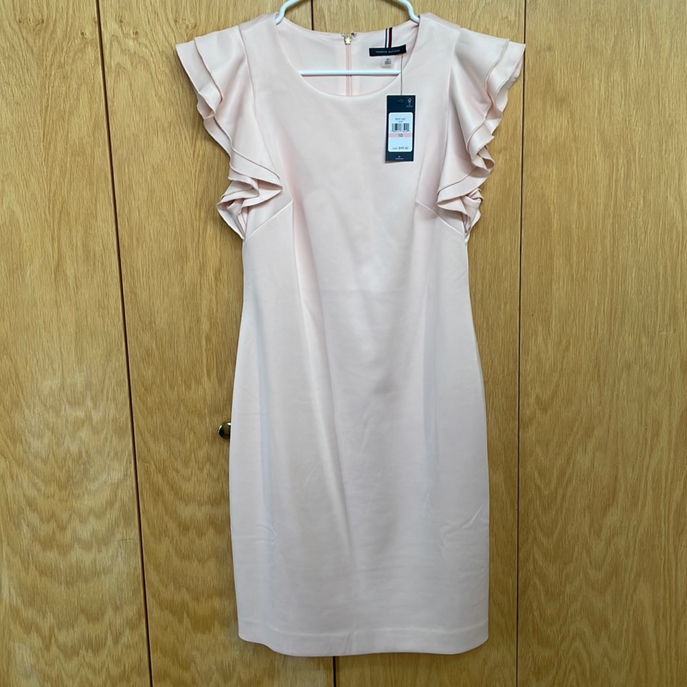 Tommy Hilfiger light pink ruffle short sleeve dress, zip up back, never worn